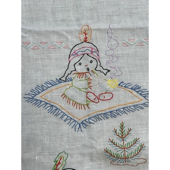 Vintage Hand Embroidered Cross Stitch Tablecloth Children 56” X 34” White Cotton - Picture 7 of 9
